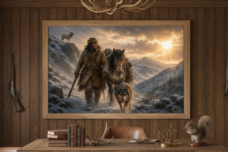 Framed artwork of a mountain man hunter with a horse and dog in a mountainous winter landscape, displayed on a wooden wall.