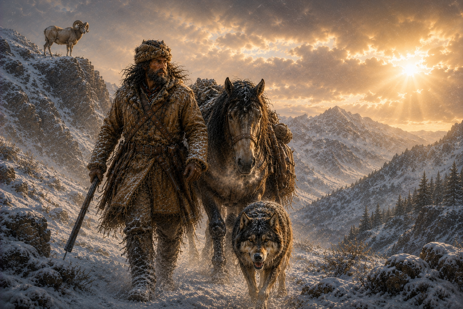 Mountain Man with a horse and dog walking through a snowy landscape with mountains and a ram in the background.
