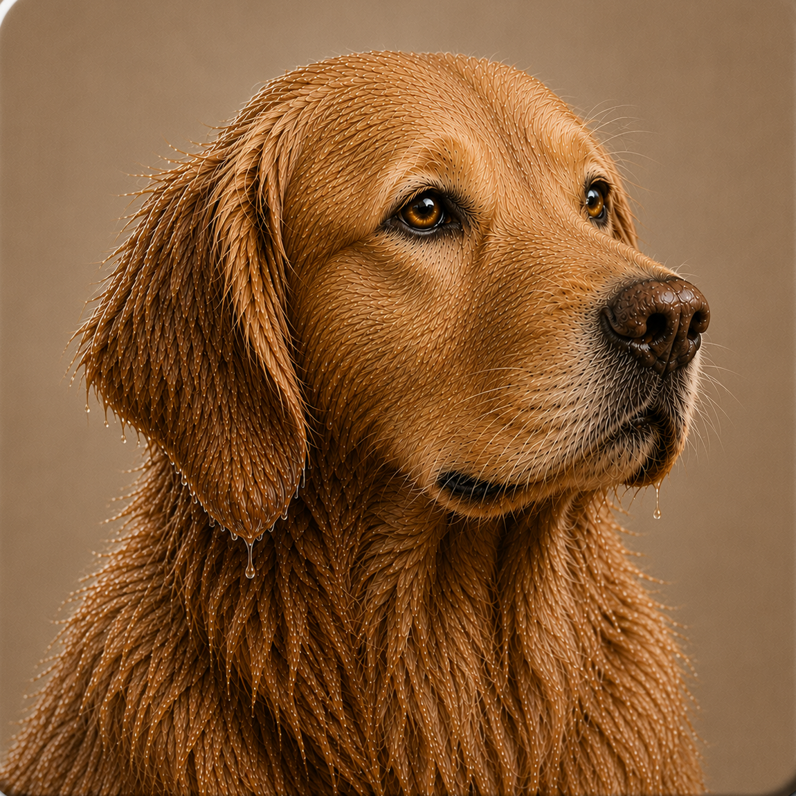 A close-up portrait of a golden retriever dog with rich golden-brown fur, looking to the right against a solid warm taupe background.
