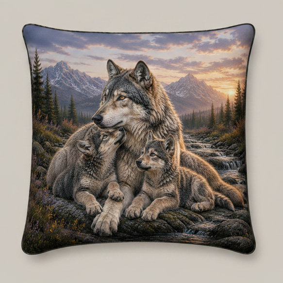 Decorative pillow with a Gray Wolf and two cubs in a forest and mountain scene