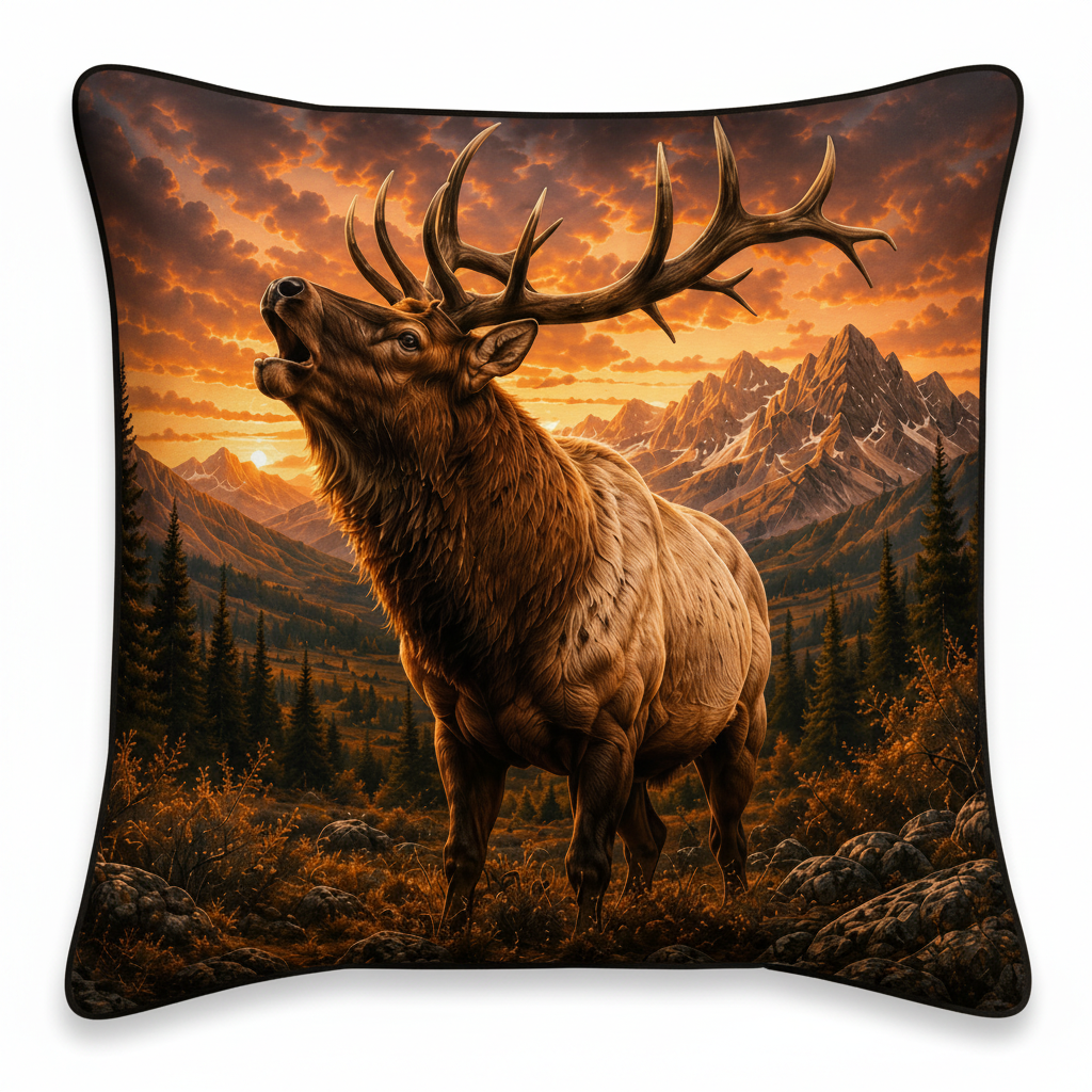 Decorative throw pillow with a high plains bugling elk and mountain landscape design