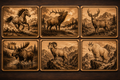 Set of six laser-engraved wooden coasters with  illstrations of a Mustang, El, Deer, Moose, Bighorn Sheep and Mountain Goat