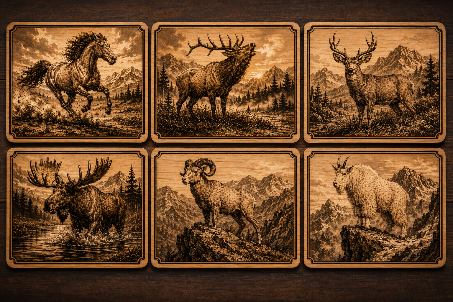 Set of six laser-engraved wooden coasters with  illstrations of a Mustang, El, Deer, Moose, Bighorn Sheep and Mountain Goat