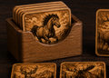 Set of 6 laser-engraved wood coasters featuring a Mustang, Elk, Deer, Moose, Mountain Goat and Bighorn Sheep