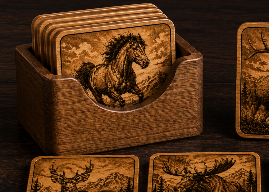 Set of 6 laser-engraved wood coasters featuring a Mustang, Elk, Deer, Moose, Mountain Goat and Bighorn Sheep