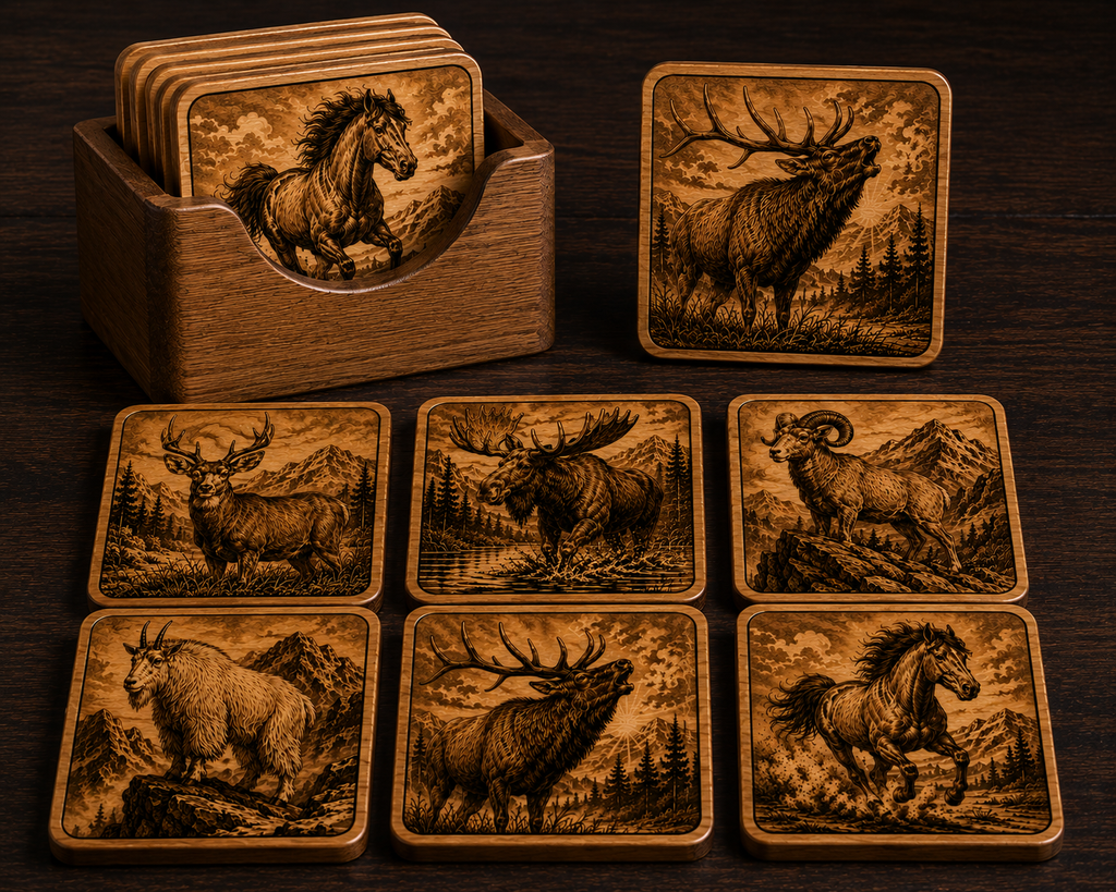 High Plains Legends Laser-engraved Wood Coaster, Set of 6 w/ Holder