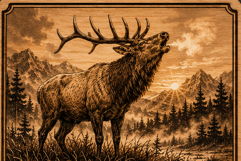 laser-engraved wooden placemat of an elk in a mountainous landscape