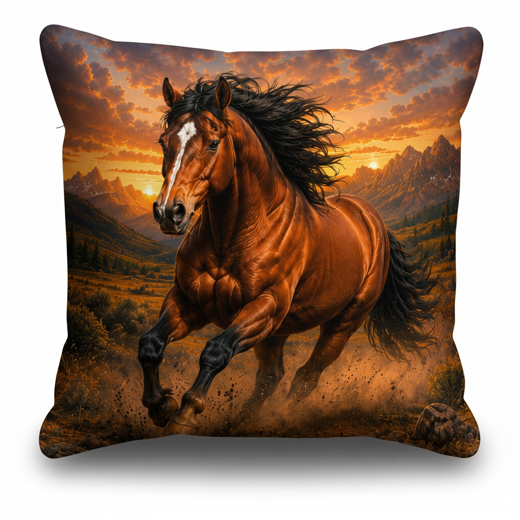 Throw Pillow with a Mustang wild horse running in a scenic landscape at sunset