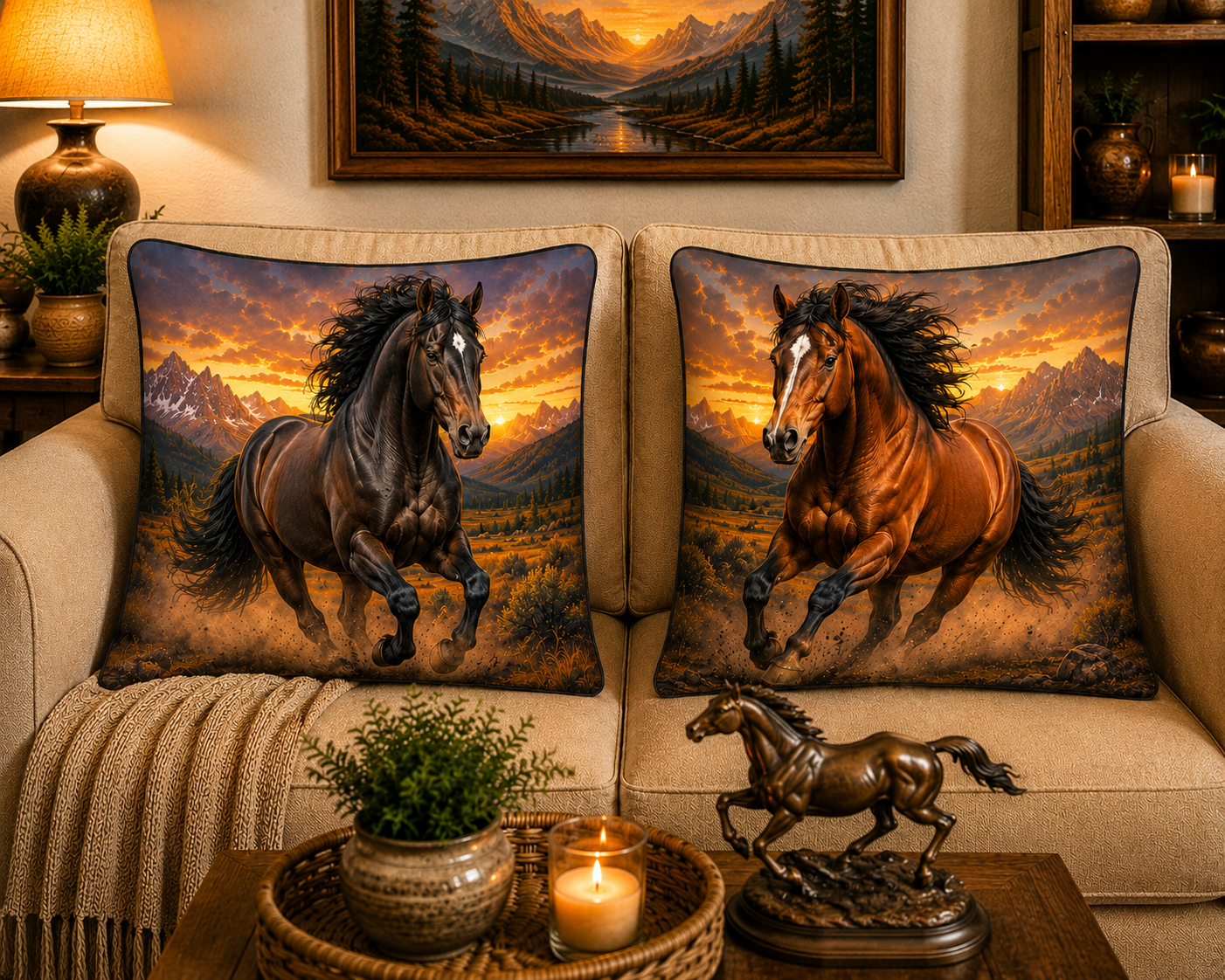 Decorative throw pillows with Mustang wild horse designs on a couch in a living room setting.