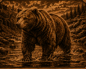 Grizzly Bear illustration laser-engraved on wood coaster in a forest landscape