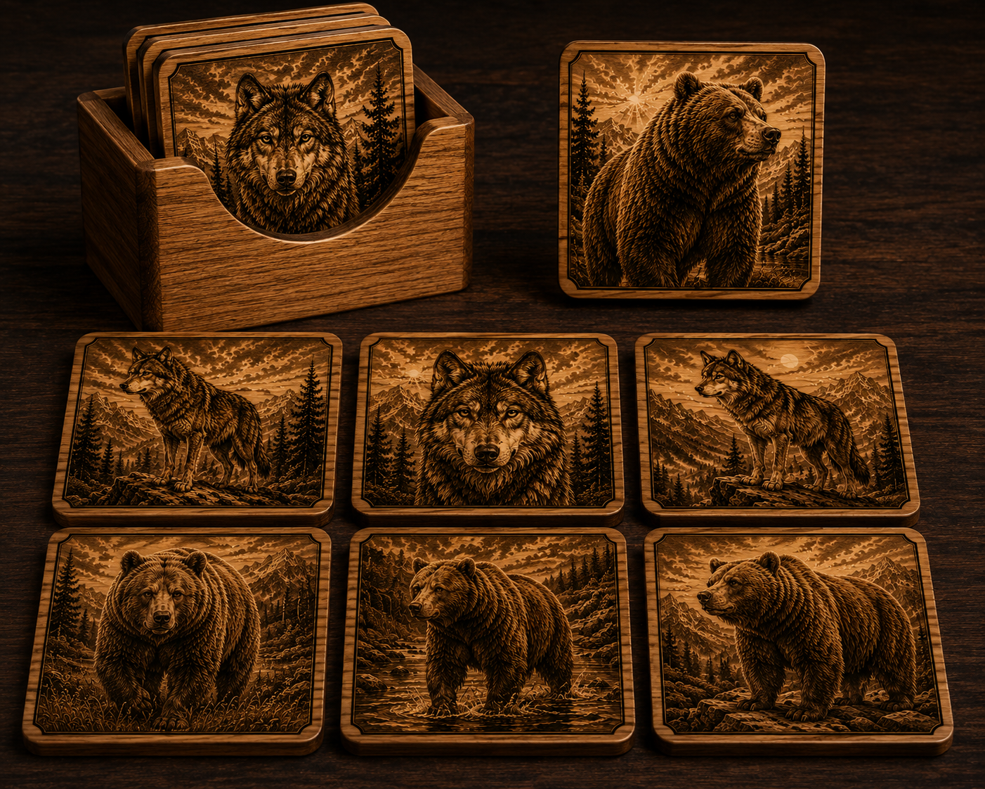Wooden coasters with laser-engraved animal illustrations of Gray Wolves and Grizzly Bears