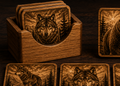 set of 6 laser-engraved wooden coasters with gray wolf and grizzly bear illustrations in a wooden holder