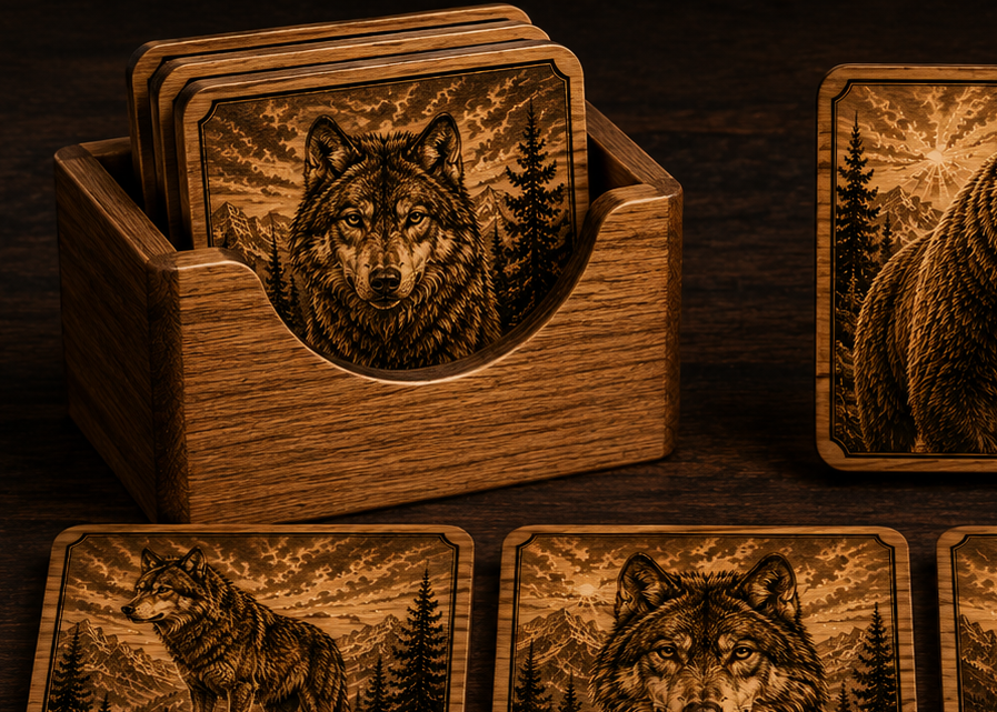 set of 6 laser-engraved wooden coasters with gray wolf and grizzly bear illustrations in a wooden holder