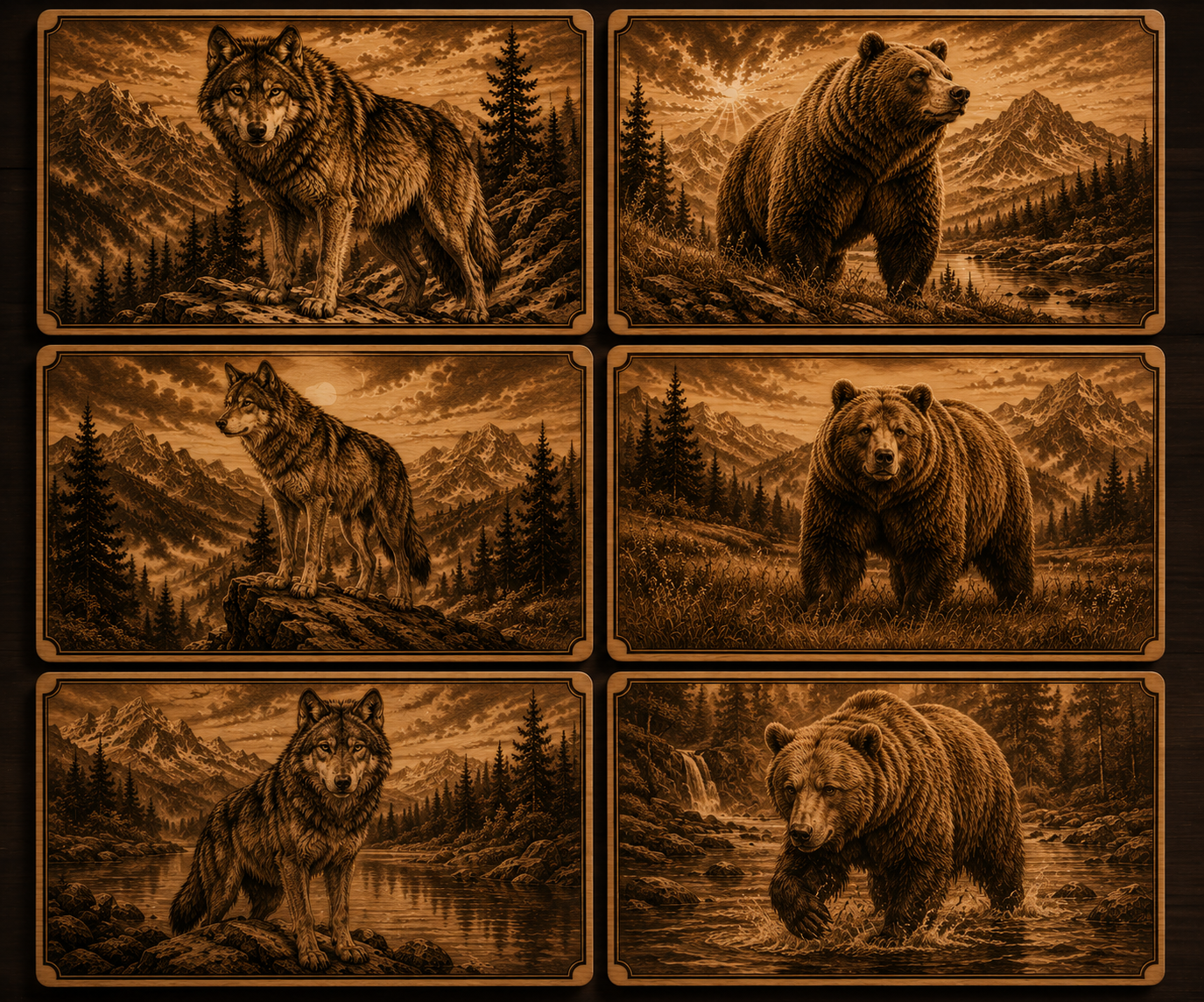 Set of six wooden panels with engraved images of wolves and bears in natural landscapes.