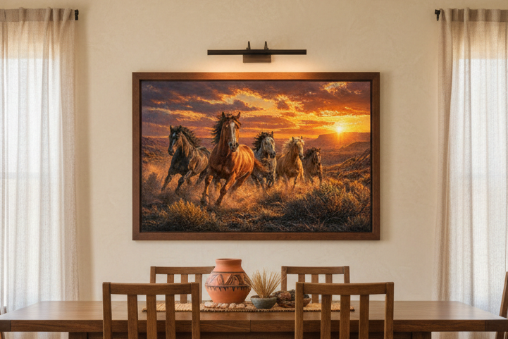 Framed artwork of wild mustang horses running in a field with a sunset over a dining room table.