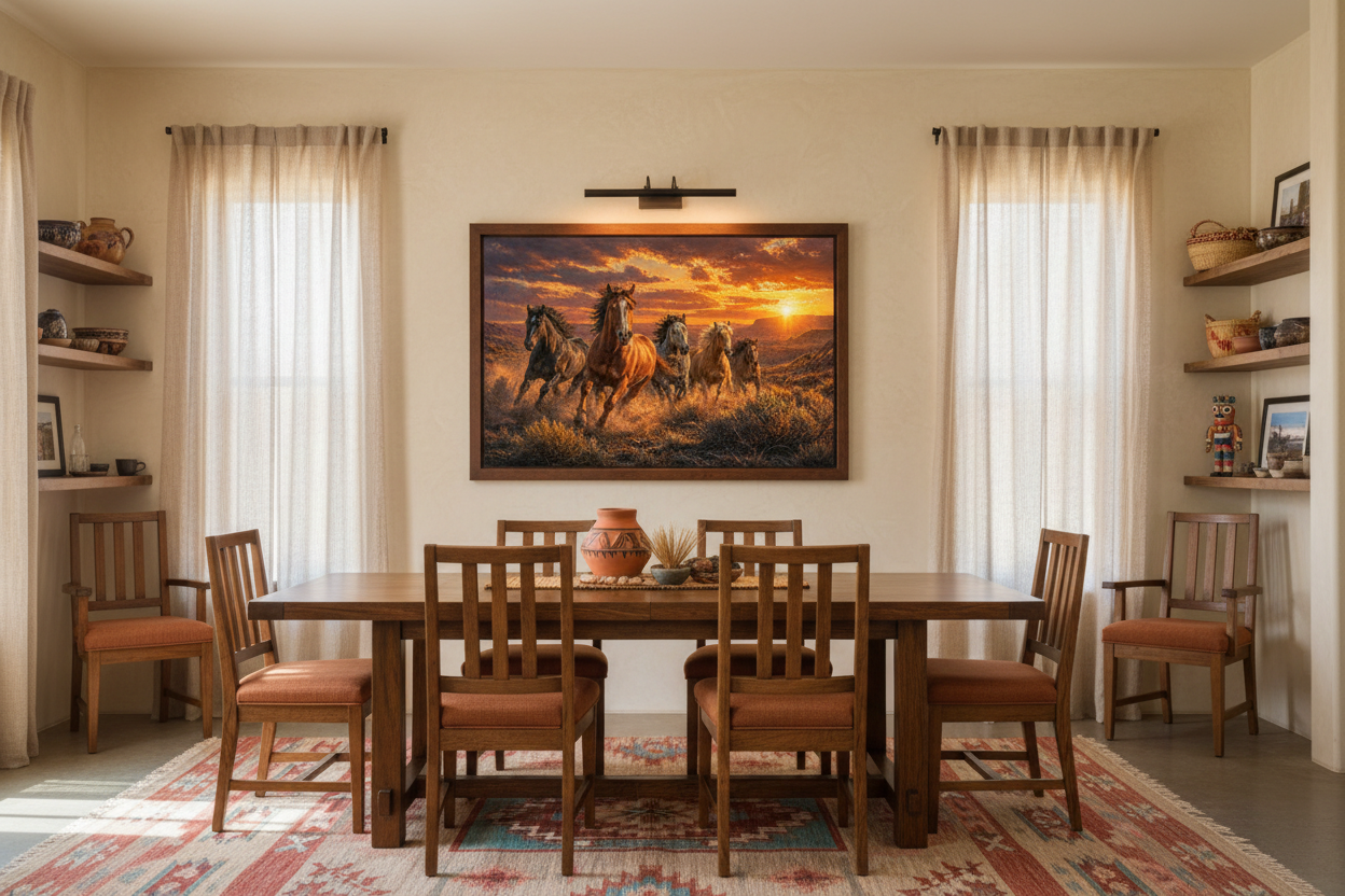 Dining room with wooden table and chairs, featuring a large painting of wild mustang horses on the wall.