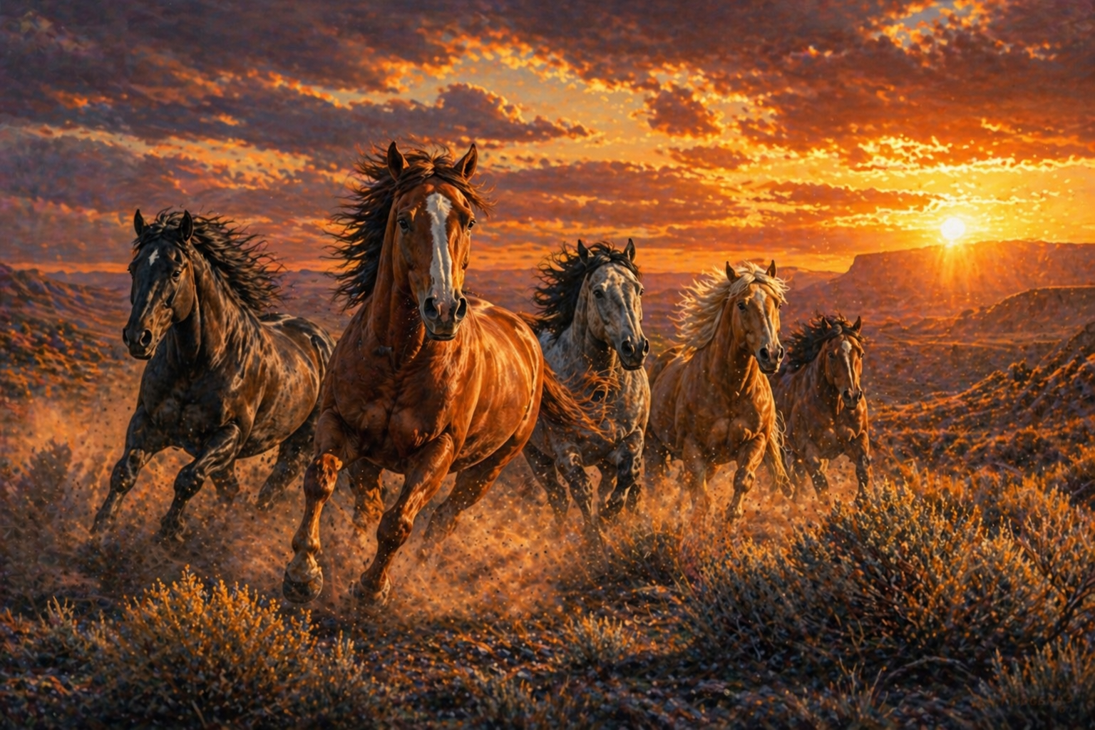Painting of Wild mustang horses running in a desert landscape during sunset.