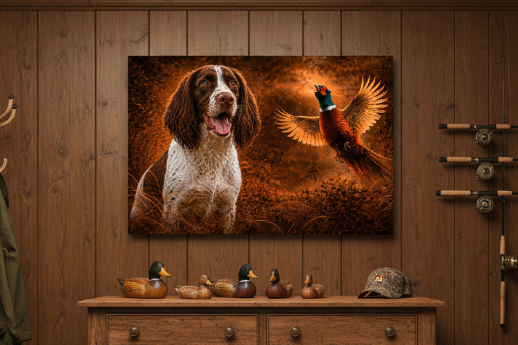 Liver & White Springer & Pheasant - Print on Canvas