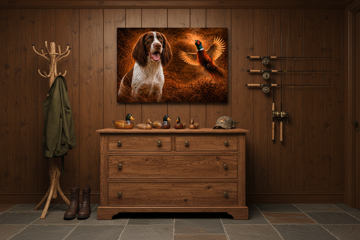 Liver and White Springer Spaniel  and Hheasant painting on a wall in a cabin