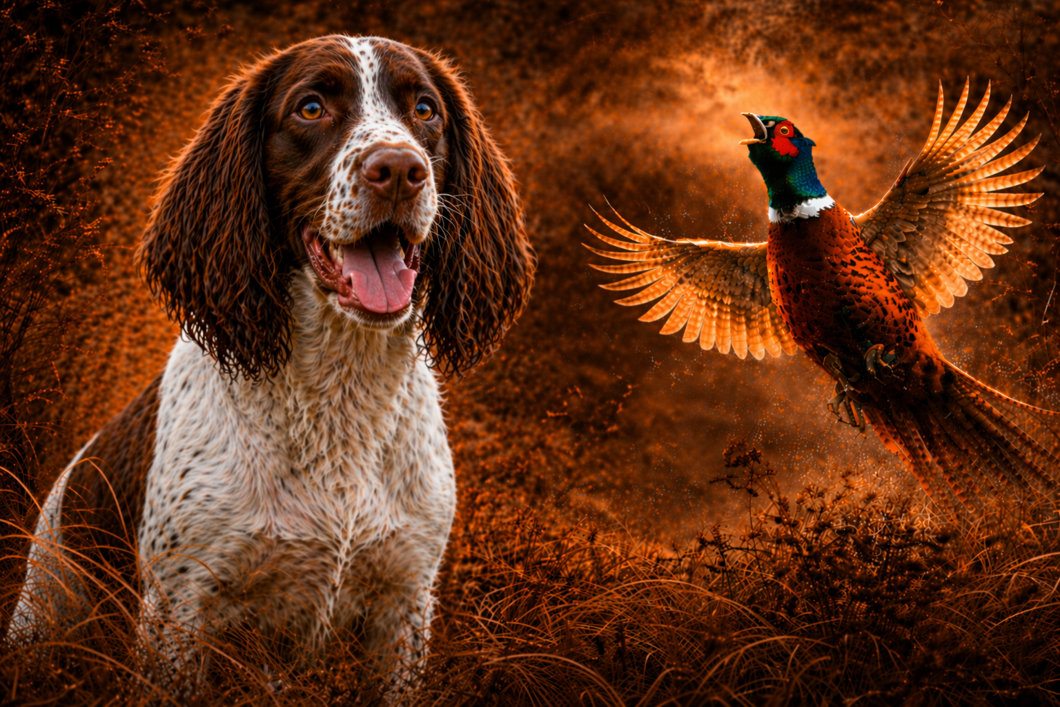 Liver & White Springer & Pheasant - Print on Canvas