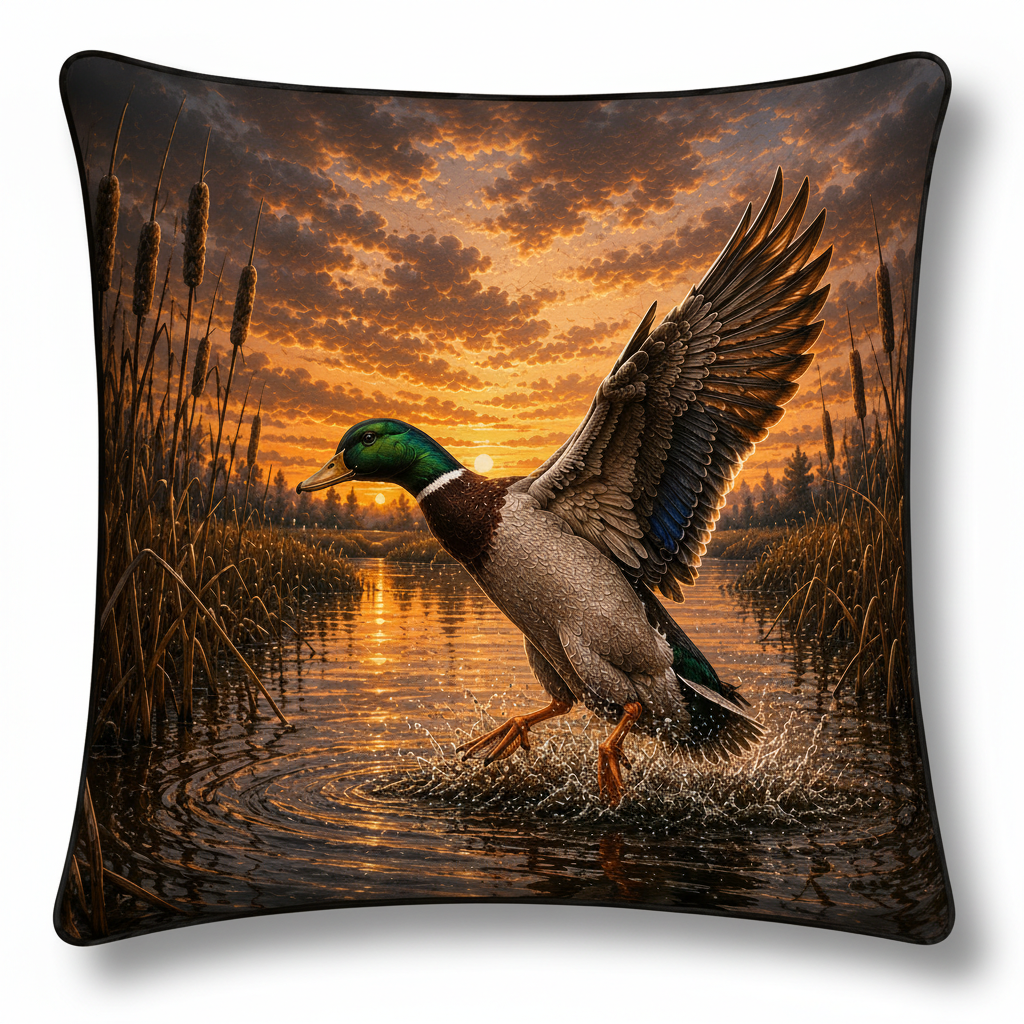 Decorative pillow with a mallard duck in a sunset marsh scene