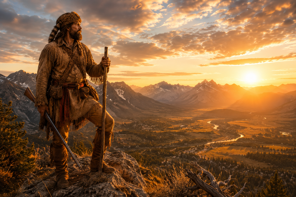 Mountain man in traditional attire standing on a mountain with a valley below, a scenic sunrise landscape
