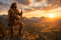 Mountain man in traditional attire standing on a mountain with a valley below, a scenic sunrise landscape