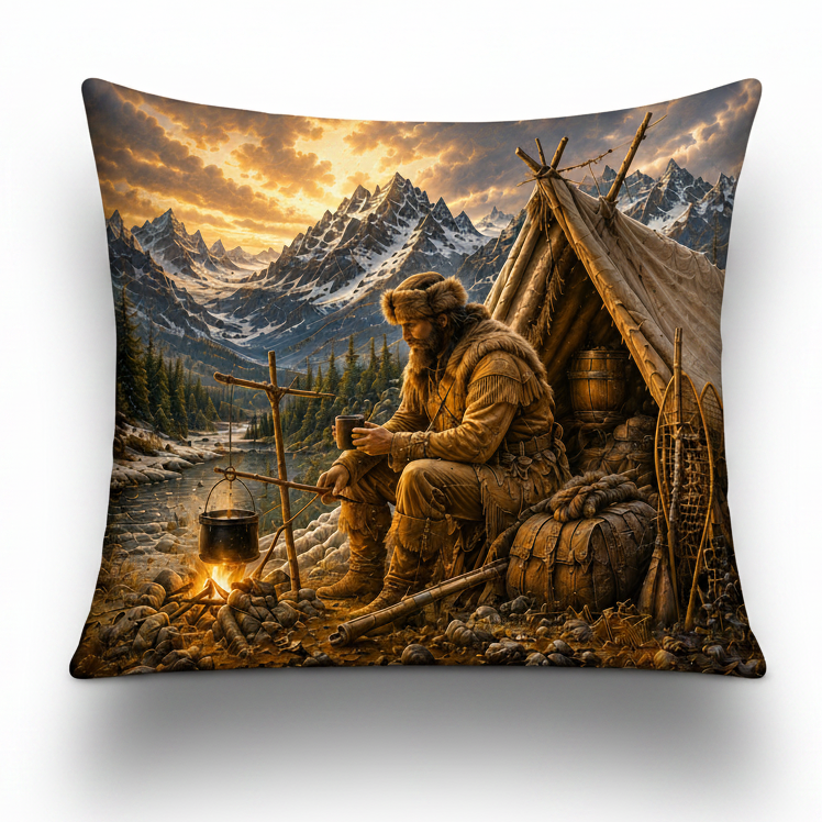 Throw Pillow with a scenic design of a Mountain Man by a campfire in a mountainous landscape.