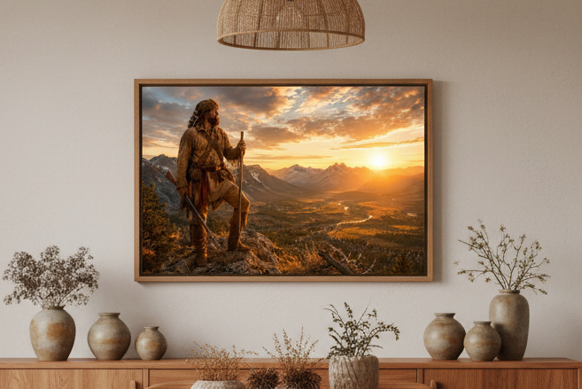 Framed artwork of a mountain man in a natural setting hanging above a wooden console table with decorative items.