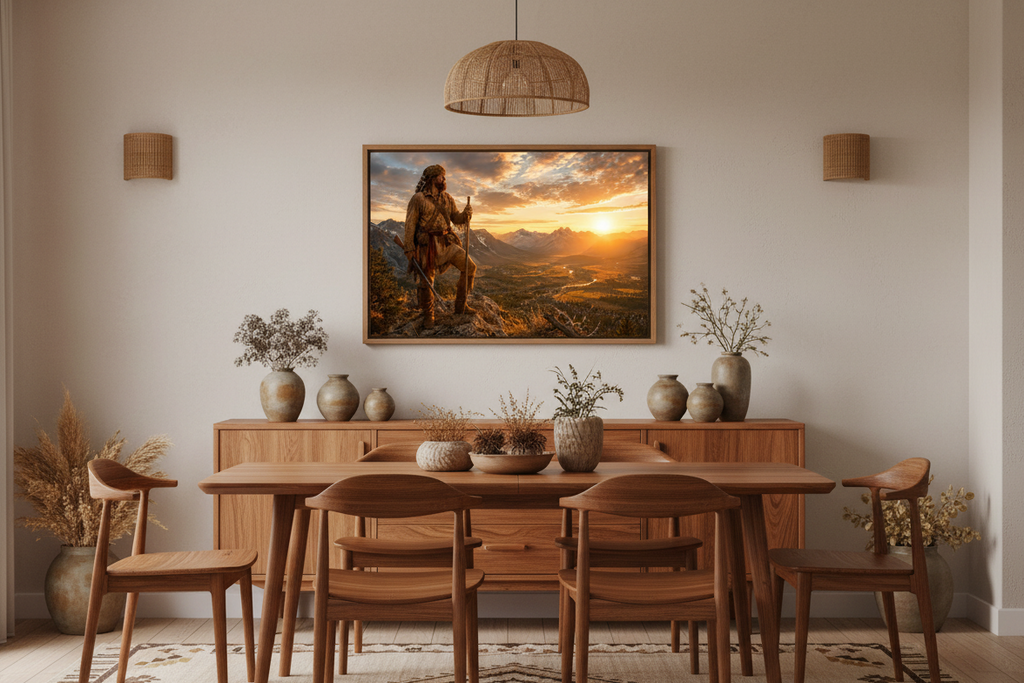 Mountain man in traditional attire standing on a mountain above a valley with a scenic sunset landscape