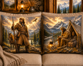 Decorative throw pillows with a frontier mountain man and wilderness scenes on a beige couch.