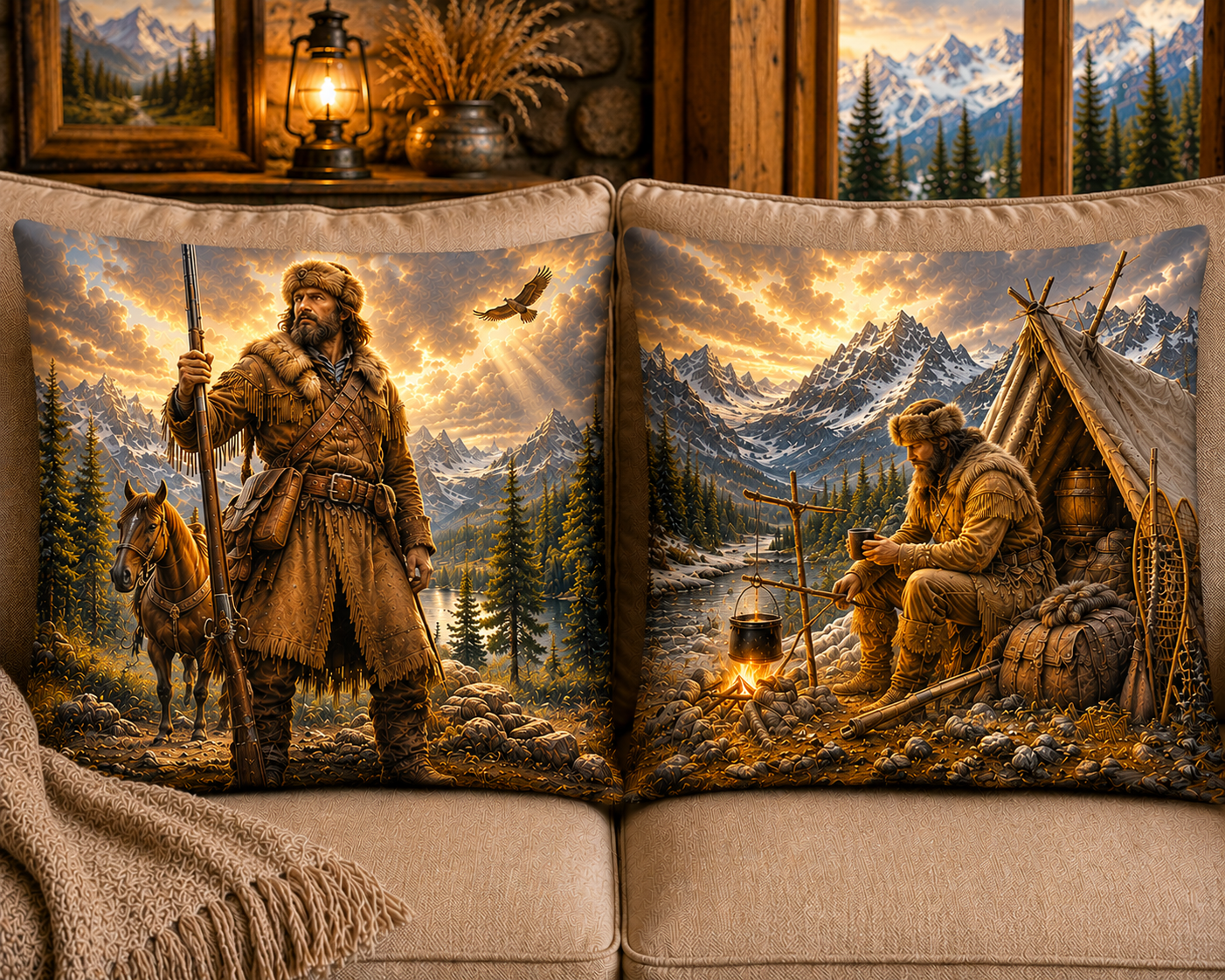 Decorative throw pillows with a frontier mountain man and wilderness scenes on a beige couch.