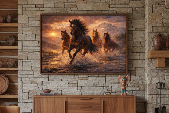 Framed print on canvas artwork of wild Mustang horses running in water on a stone wall above a wooden cabinet.