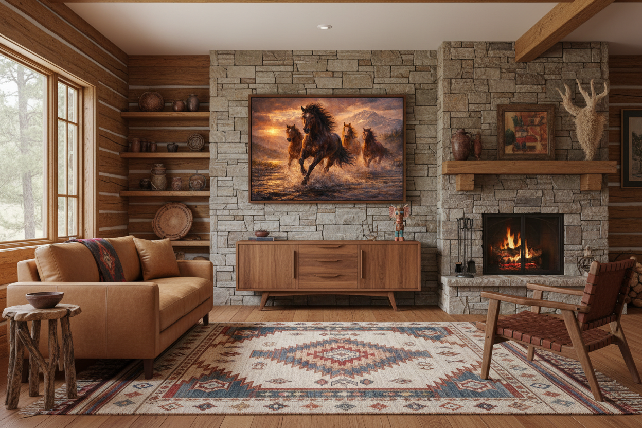 Painting of Wild Mustang Horses above a credenza in a cozy contemporary living room with a stone fireplace.