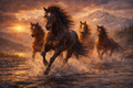 Wild Mustang Horses running through water with a sunset and mountain backdrop
