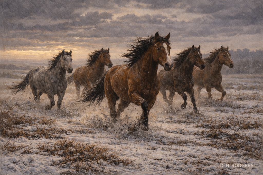 Horses running through a snowy field with a dramatic sky.