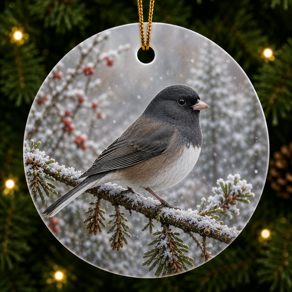 Realistic painting of an Oregon Junco on a Ceramic Ornament.
