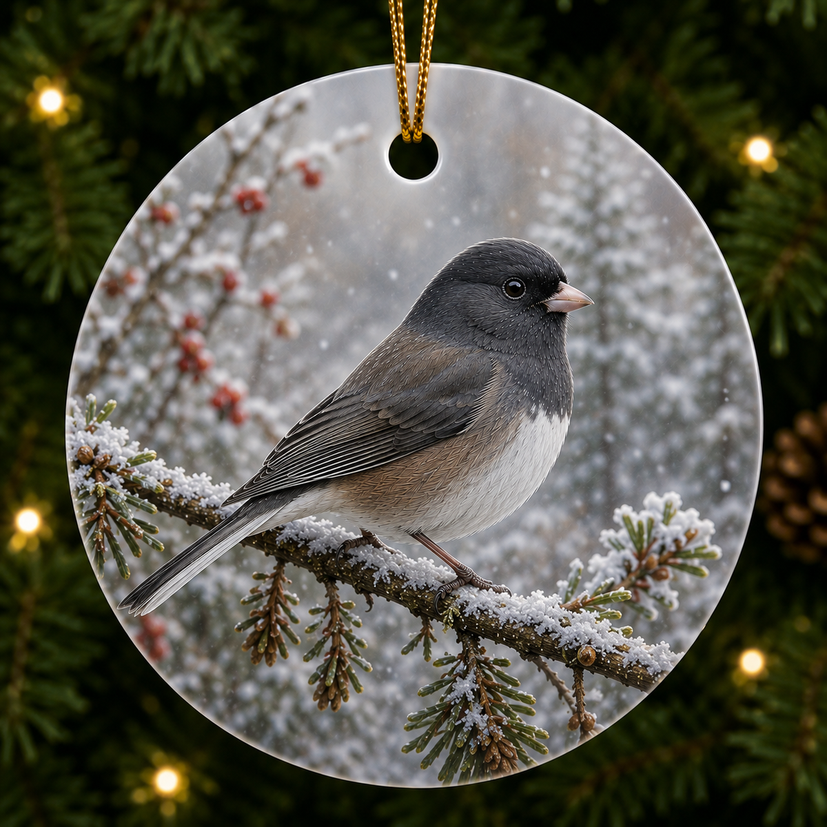 Realistic painting of an Oregon Junco on a Ceramic Ornament.