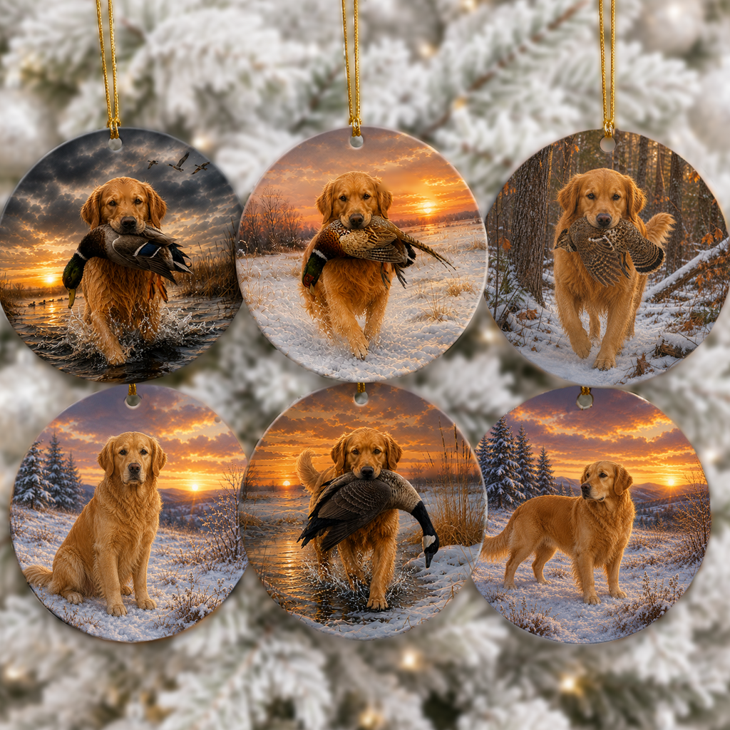 Six round ceramic Christmas ornaments hanging on a snowy tree, each printed with a golden retriever photo in different outdoor scenes at sunset and during snowfall, with several ornaments showing the retriever holding game birds.