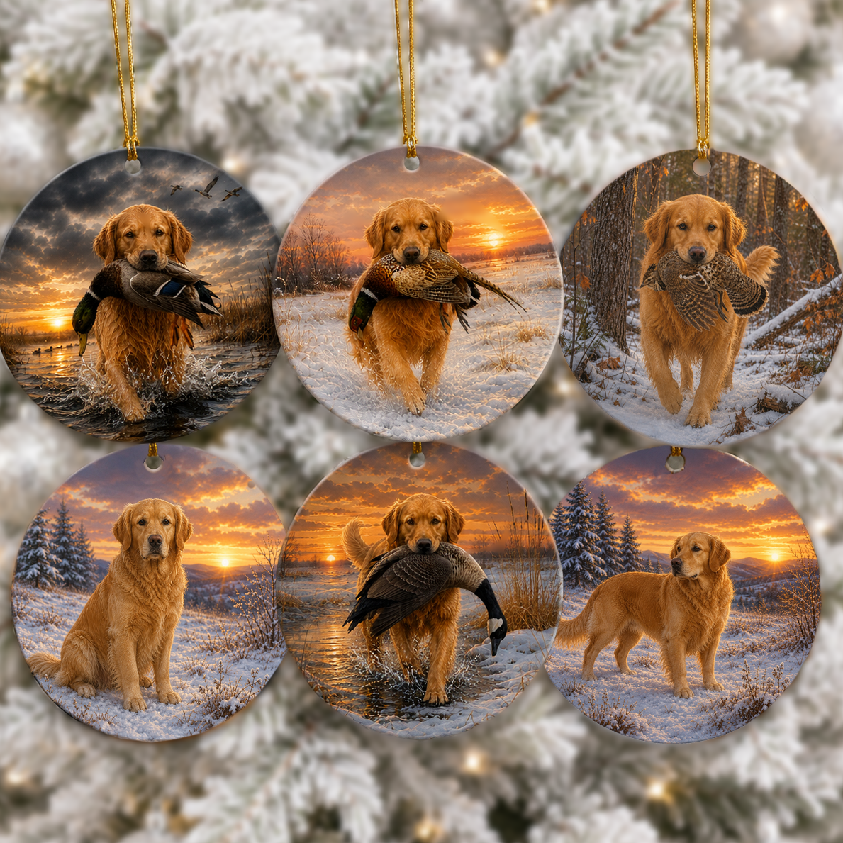 Six round ceramic Christmas ornaments hanging on a snowy tree, each printed with a golden retriever photo in different outdoor scenes at sunset and during snowfall, with several ornaments showing the retriever holding game birds.