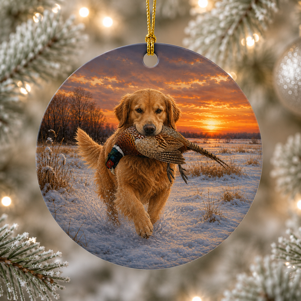 Round hanging ceramic ornament featuring a golden retriever carrying a pheasant during a snowy sunset.