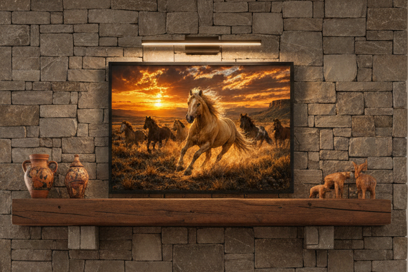 Painting of wild mustang horses led by a palomino mounted on a stone fireplace with decorative items below.