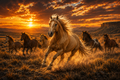 Painting of wild mustang horses led by a Palomino running in a field with a sunset sky