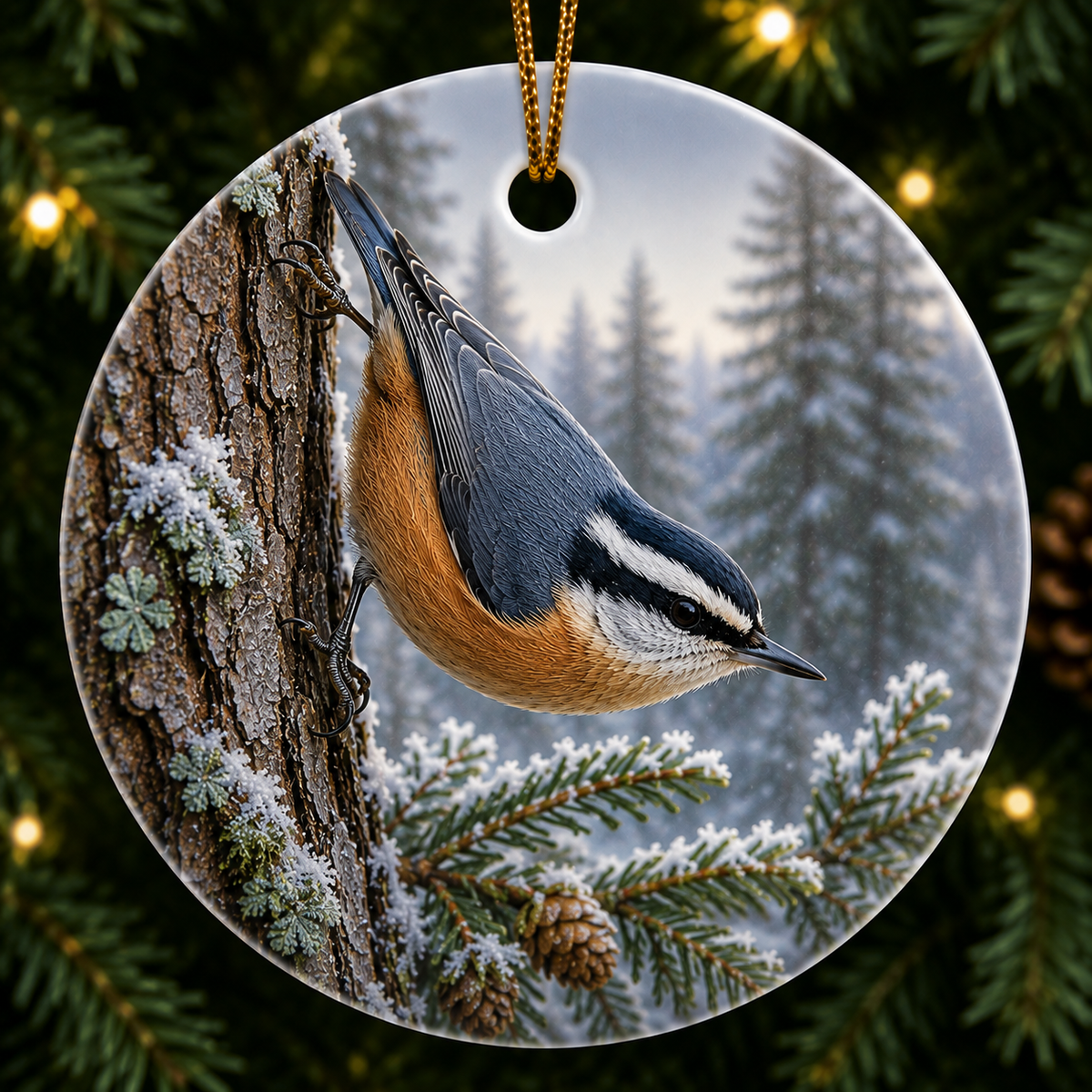 Realistic painting of a Red Breasted Nuthatch_Ceramic in winter on a ceramic ornament.