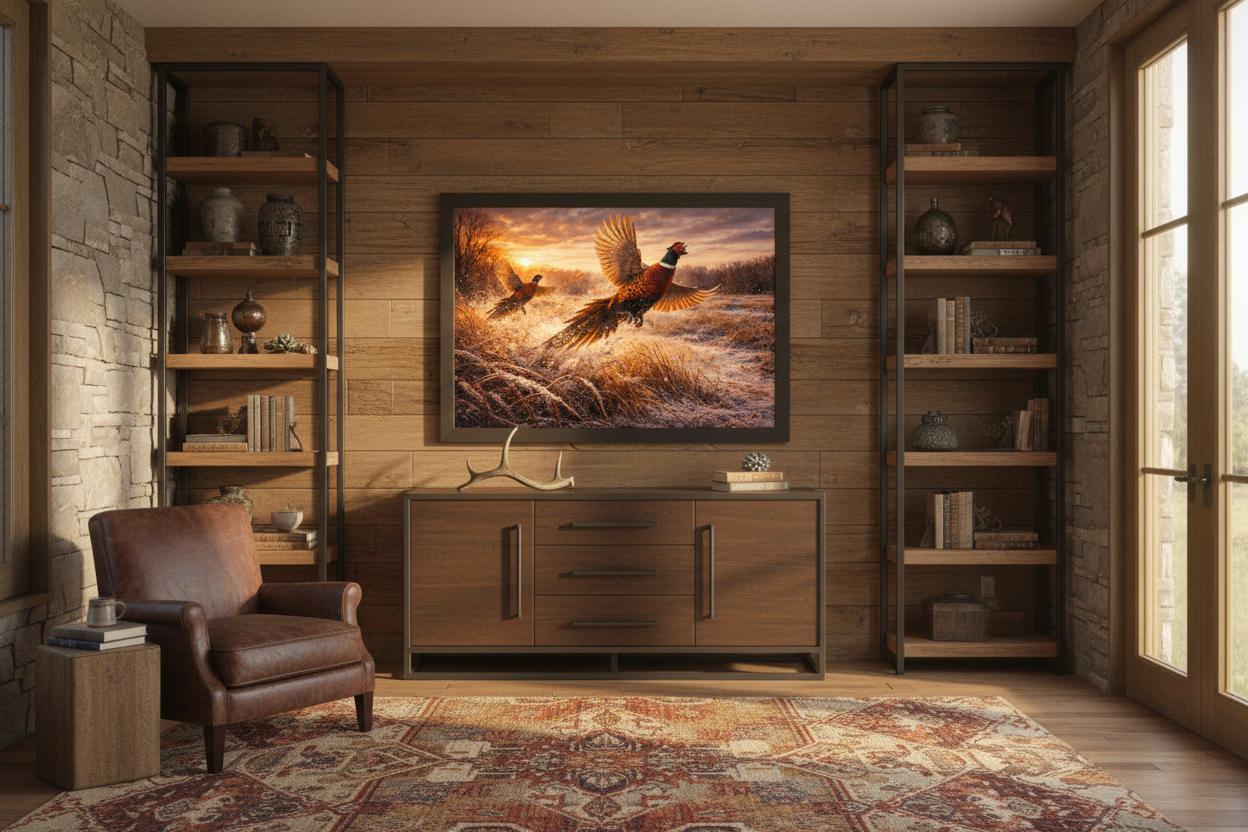 Living room with a painting of ring-necked pheasants being lushed.
