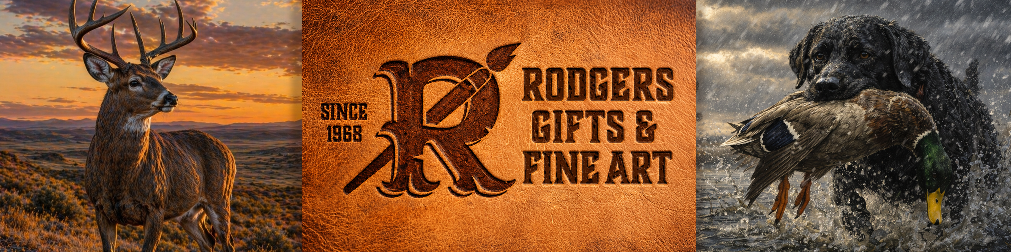 Website banner with Rodgers Gifts & Fine Art logo stamped on leather, a High Plains White-Tailed Deer, and a duck hunting scene featruring a Black Labrador Retriever with a Mallard Duck.