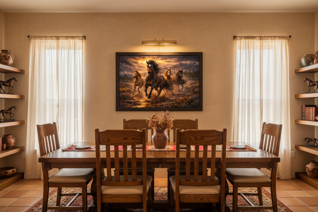 Dining room with wooden table and chairs, framed artwork of wild mustang horses on the wall, and shelves with decorative items.
