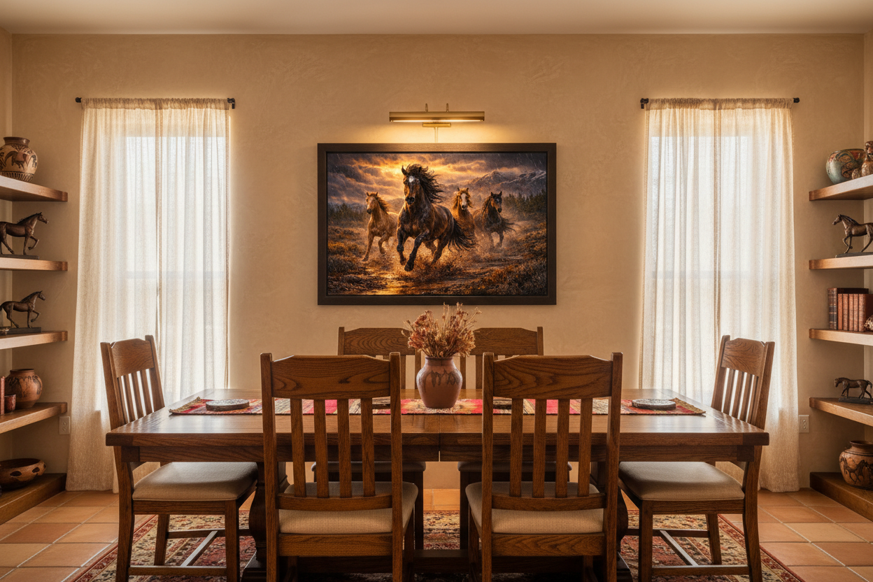 Dining room with wooden table and chairs, framed artwork of wild mustang horses on the wall, and shelves with decorative items.