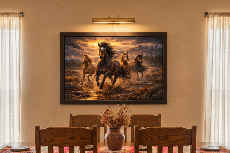 Dining room with a large painting of wild mustang horses running on the wall.