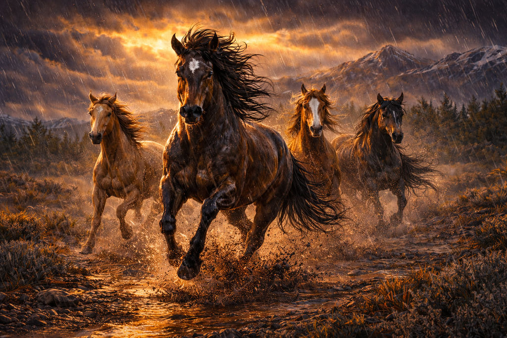 Wild mustang horses running through water with a dramatic sky and mountains in the background